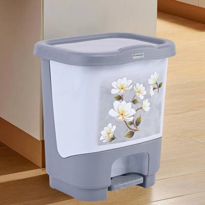 HOMESTIC 11 Ltr Plastic Dustbin with Lid & Removable Bucket | Floral - Grey Plastic Dustbin