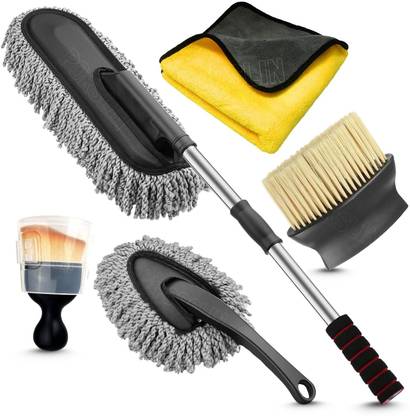PGADHIYA 5pc Microfiber Car Duster, Brush Exterior/Interior, Towel, Ac Vent Cleaner Combo Wet and Dry Duster Set