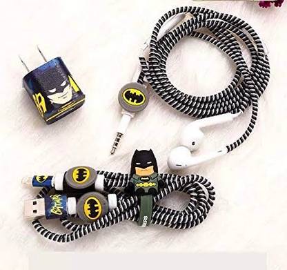 Epaal 8-in-1 (Black Batman Style) Spiral USB and Earphone Cable Protectors Winder, Sticker, Clips, Organizer Clip Earphone Cable Organizer