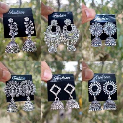Janki Creation Silver Earrings Set Combo Of 6 Cubic Zirconia Alloy Chandbali Earring, Drops & Danglers, Jhumki Earring, Stud Earring