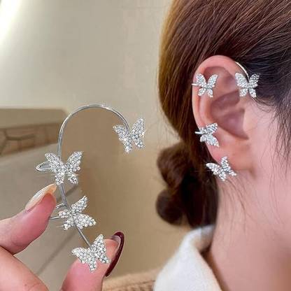 Mellisea Korean Silver Studded Butterfly Ear Climber Ear Cuff For Women/Girls Cubic Zirconia, Diamond Alloy Cuff Earring, Tassel Earring, Tunnel Earring, Hoop Earring, Earring Set