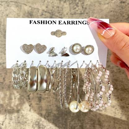 TheVineGirl Combo of 9 Pair Silver Plated Butterfly Heart Stud and Chain Pearl Hoop Earrings Alloy Earring Set