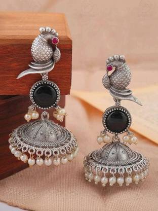 DANGAR ENTERPRISE Beautifull Unique Design Oxidised Silver Stone Alloy Stud Earring