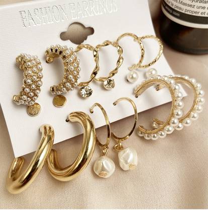 Vembley Combo 9 Pair Stunning Gold Plated Pearl Alloy Hoop Earring