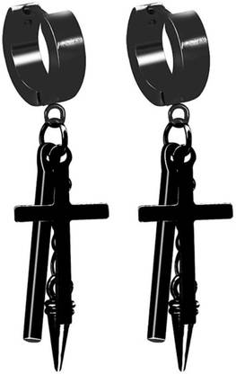 HOUSEOFTRENDZZ Jesus Cross Tassel Urban Huggie Hinged Hoop Dangle Earrings Mens & Womens STAINLESS STEEL EARRINGS Drops & Danglers (PACK OF 1 PAIR ) BLACK Metal Huggie Earring, Hoop Earring