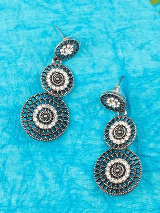 Sangria Oxidized Silver-Plated Studded Filigree Circular Drop Earrings Brass Stud Earring