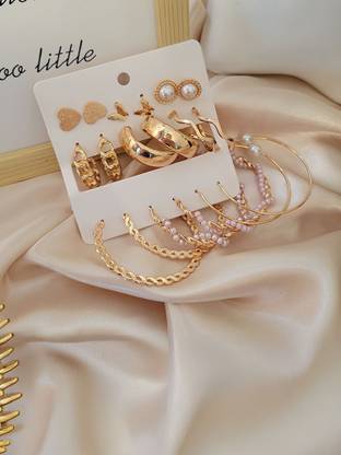 Vembley Combo 9 Pair Stunning Golden Gold Plated Pearl Alloy Hoop Earring