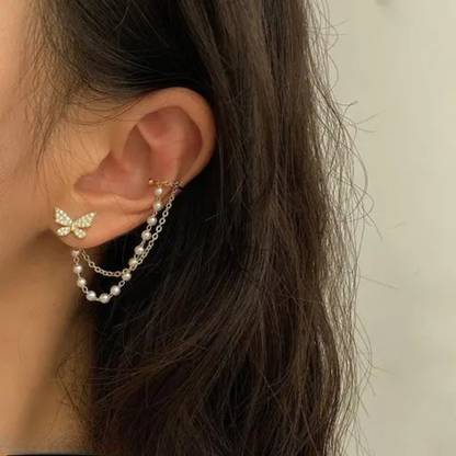 TheVineGirl New Butterfly Ear Cuff Crawler Pearl Chain Earrings Zircon, Beads, Pearl Alloy Stud Earring