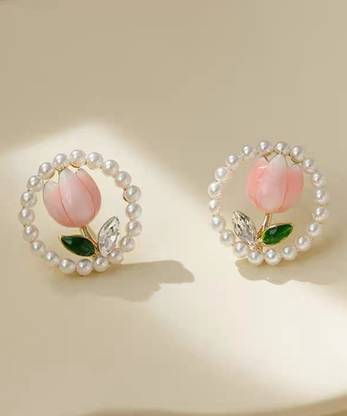 Aylana Pink Tulip With Pearl Rounded Stud Korean Earrings Crystal Alloy, Enamel Stud Earring
