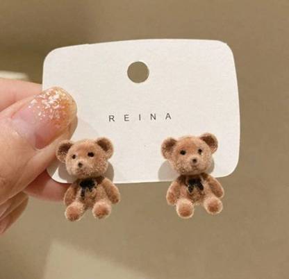Shailaja Teddy Bear Korean Earrings Dark Brown Crystal Alloy Stud Earring