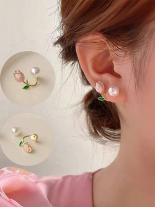 polluxcraft Korean s for Women and Girl /White and Pink 01-Pair Pearl Alloy Stud Earring, Clip-on Earring