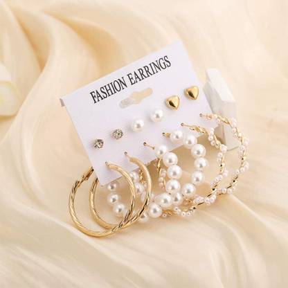 Vembley Stylish Pearl & AD Multi Designs Stunning 6 Pair of Earrings For Women/Girls Pearl Alloy Hoop Earring