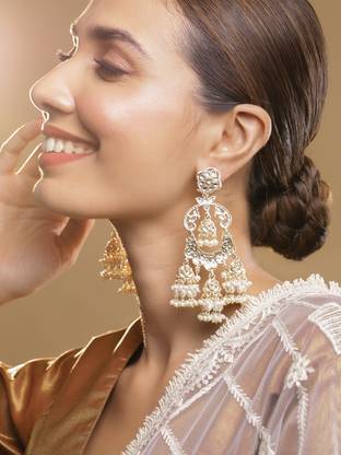 RUBANS 22K Gold Plated Kundan Pearl Chandelier Earrings Brass Chandbali Earring