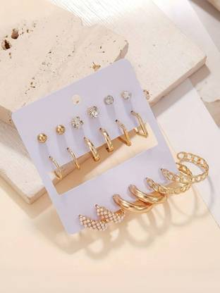 RARE ONE STUDIO Combo 9 Pair Stunning White Gold Plated Pearl Alloy AD Alloy Hoop Earring