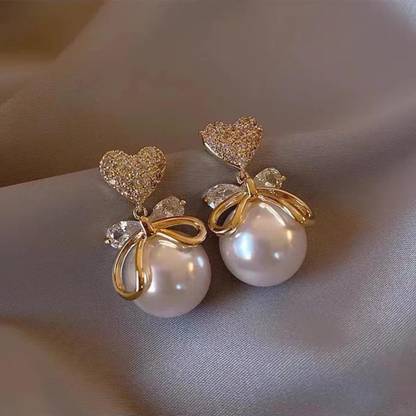 AVR JEWELS Korean Exquisite Bow Pearl Mermaid Pearl Crystal Heart Shape Earring Alloy Drops & Danglers