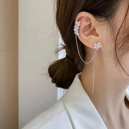 TheVineGirl Korean Silver-plated Floral Studded Ear Cuff With Threader 2Pcs/Set For Girls Alloy Cuff Earring
