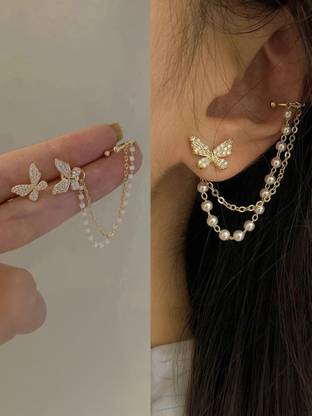Exotique Butterfly Earrings with Ear Cuffs and Chain for Women and for Girls Alloy Cuff Earring