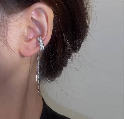 Vembley Micro-inlaid zircon C-shaped long tassel ear clip bone ear bone without ear hole Metal Tassel Earring