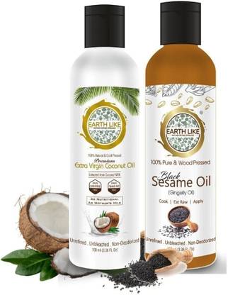 Earth Like Extra Virgin Natual Coconut Oil 100ML | Wood Pressed Black Sesame Oil 100ML Coconut Oil Plastic Bottle