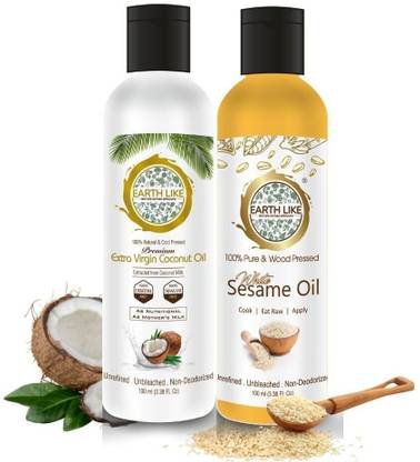 Earth Like Extra Virgin Natual Coconut Oil 100ML | Wood Pressed White Sesame Oil 100ML Coconut Oil Plastic Bottle