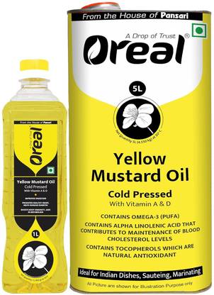 Oreal Yellow Mustard Oil for Helps Blood Circulaion - 5ltr + 1ltr (6 Liters Pack) Mustard Oil Plastic Bottle