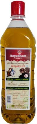 Amudham Products Vaagai Wood Cold Pressed Gingelly/Sesame Oil (Virgin, Chekku/Ghani)- 1 Litre Sesame Oil Plastic Bottle
