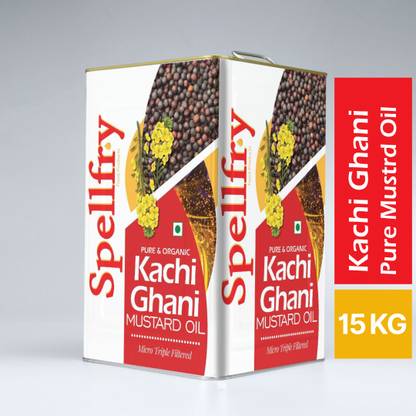 Spellfry 100% Pure Kachi Ghani Mustard Oil, 15 KG, Tin Mustard Oil Tin