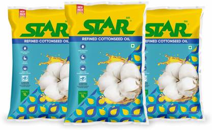 STAR 555 Refined Cottonseed Oil, 1 L x 3 | Super Lite Advanced | Cooking Cottonseed Oil Pouch