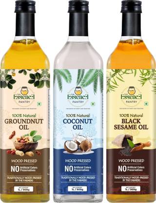 THE ESSENCE PANTRY Cold Pressed Groundnut Oil + Sesame Oil + Coconut Oil Glass Bottle