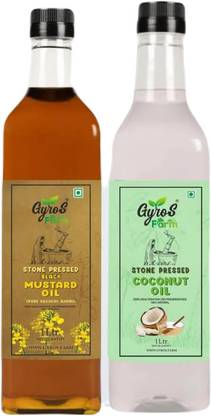 Gyros Farm Cold Pressed Black Mustard + Coconut Oil (1L + 1L) Combo PET Hair Care Mustard Oil PET Bottle
