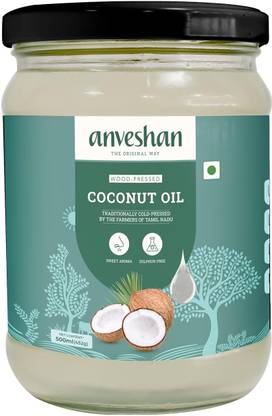 Anveshan Wood Pressed Coconut Oil - 500ml | Glass Bottle | Kolhu/ Kacchi Ghani/ Chekku | Natural | Chemical-Free | Cold Pressed Coconut Oil for Cooking Coconut Oil Glass Bottle