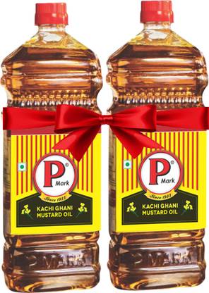 P Mark Mustard Oil P Mark Kachi Ghani Mustard Oil Sarso Tel 1L+1L(2L Combo Pack) | Pure Mustard Oil Mustard Oil Plastic Bottle
