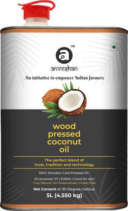 Anveshan Wood Pressed Coconut Oil - 5 Litre | Tin Can | Kolhu/ Kacchi Ghani/ Chekku | Natural | Chemical-Free Coconut Oil Tin