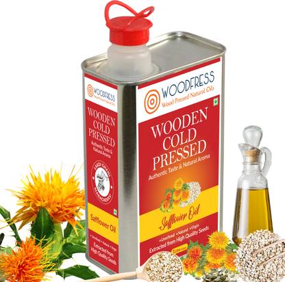 WOODFRESS Wooden Cold Pressed Safflower Oil 1L - Kardai, Kardi, Kusum ka Tel (Wood Pressed / Lakdi Ghani / Marachekku) Safflower Oil Tin