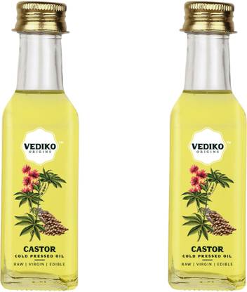 Vediko Origins Raw Cold Pressed Castor Oil (Pack of 2 -100 ml) |100% Pure & Natural Edible Castor Oil Glass Bottle