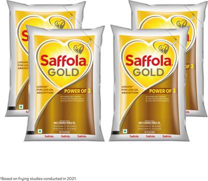 Saffola Gold| Power of 3 | Blend of Rice Bran and Sunflower Pack Blended Oil Pouch (4 x 1 L) Saffola Gold| Power of 3 | Blend of Rice Bran and Sunflower Pack Blended Oil Pouch (4 x 1 L)