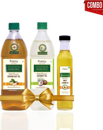 Healthy Fibres Cold Pressed Coconut Oil 1L, Groundnut oil 1L & Almond oil 100ml Combo pack Coconut Oil Glass Bottle