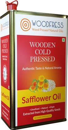 WOODFRESS Wooden Cold Pressed Safflower Oil 5L - Kardai, Kardi, Kusum ka Tel (Wood Pressed / Lakdi Ghani / Marachekku) Safflower Oil Tin