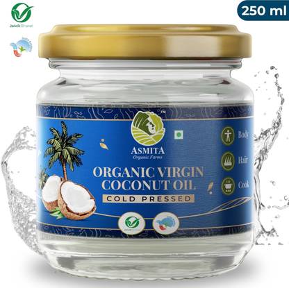 ASMITA ORGANIC FARMS Pure & Unrefined Cold Pressed Virgin Coconut Oil, Cholesterol Free, Skin Care Coconut Oil Glass Bottle