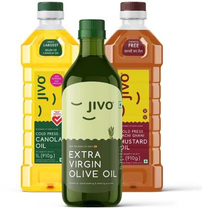 JIVO Canola Cold Press Edible Oil, Extra Virgin Olive Oil & Kachi Ghani mustard Oil Canola Oil PET Bottle