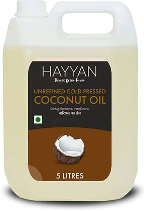 HAYYAN Own Farm Cold Pressed Unrefined Coconut oil for Cooking, Skin, Hair & Baby massage - 5 Litres Coconut Oil Can