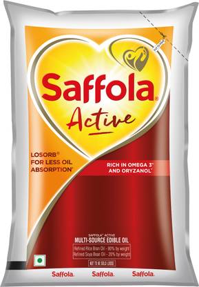 Saffola Active, Rich in Omega 3 and Oryzanol, Multi-Source Edible Rice Bran & SoyaBean Blended Oil Pouch