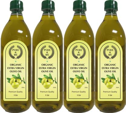 pure & me Organic Extra Virgin Olive Oil (( Imported Oil from Spain )) - 1 LTR Pack of 4 Olive Oil Plastic Bottle