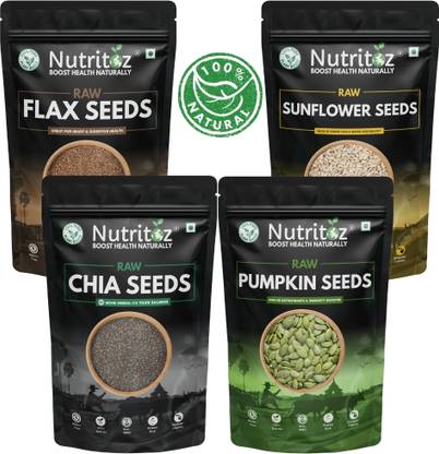 Nutritoz Raw Chia Seeds, Flax, Pumpkin & Sunflower Seeds Combo Pack | 100GM Pack of 4 | Chia Seeds, Brown Flax Seeds, Sunflower Seeds, Pumpkin Seeds