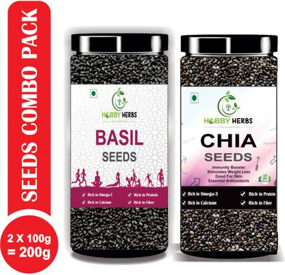 Hobby Herbs Chia seeds & Basil seeds Combo Pack 100g x 2 | Healthy Seeds for weight loss | Chia Seeds, Basil Seeds