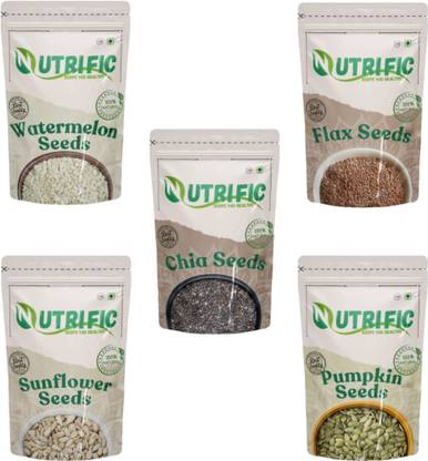 Nutrific Seeds Combo Pack | Raw Edible Seeds | Seeds Combo (100gm Each) Chia Seeds, Sunflower Seeds, Pumpkin Seeds, Watermelon Seeds, Brown Flax Seeds