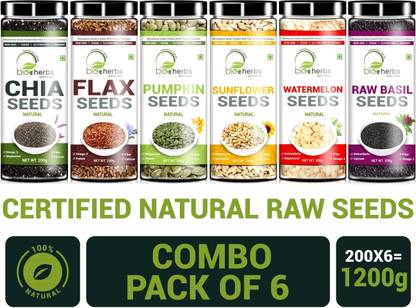 Bioherbs Certified Raw Combo Seeds Value Pack (FLax Seed,Chia Seed, Sunflower seed, Pumpkin Seed,Watermelon Seed & Basil Seed) Basil Seeds, Brown Flax Seeds, Chia Seeds, Pumpkin Seeds, Sunflower Seeds, Watermelon Seeds
