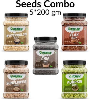 Nutrific Seeds Combo Pack | Raw Edible Seeds | Seeds Combo (200gm Each) Chia Seeds, Sunflower Seeds, Pumpkin Seeds, Watermelon Seeds, Brown Flax Seeds