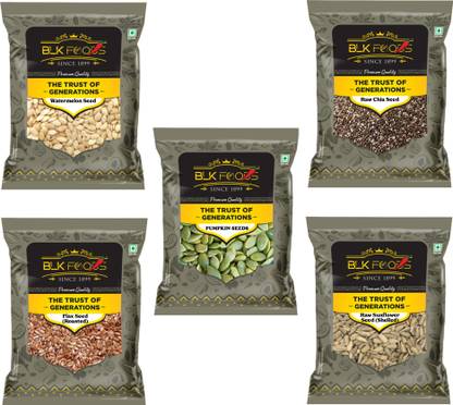 BLK FOODS Combo of All Seeds Pack- Chia, Pumpkin, Sunflower, Flax, Watermelon 200gm each Brown Flax Seeds, Chia Seeds, Pumpkin Seeds, Sunflower Seeds, Watermelon Seeds