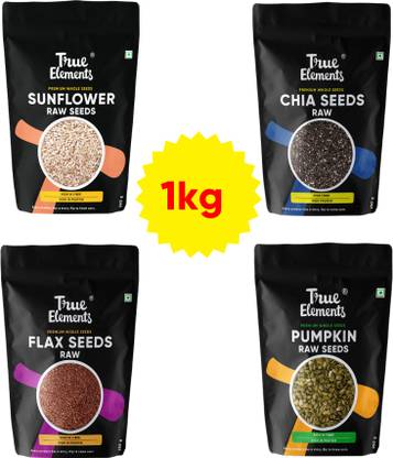 True Elements RawSeeds Combo 1kg Pack ( -250g each) Chia Seeds, Sunflower Seeds, Brown Flax Seeds, Pumpkin Seeds
